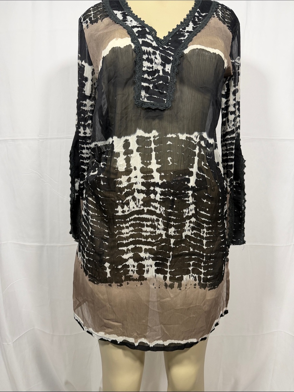 Sheer Tie-Dye Tunic Dress in Black, White & Taupe